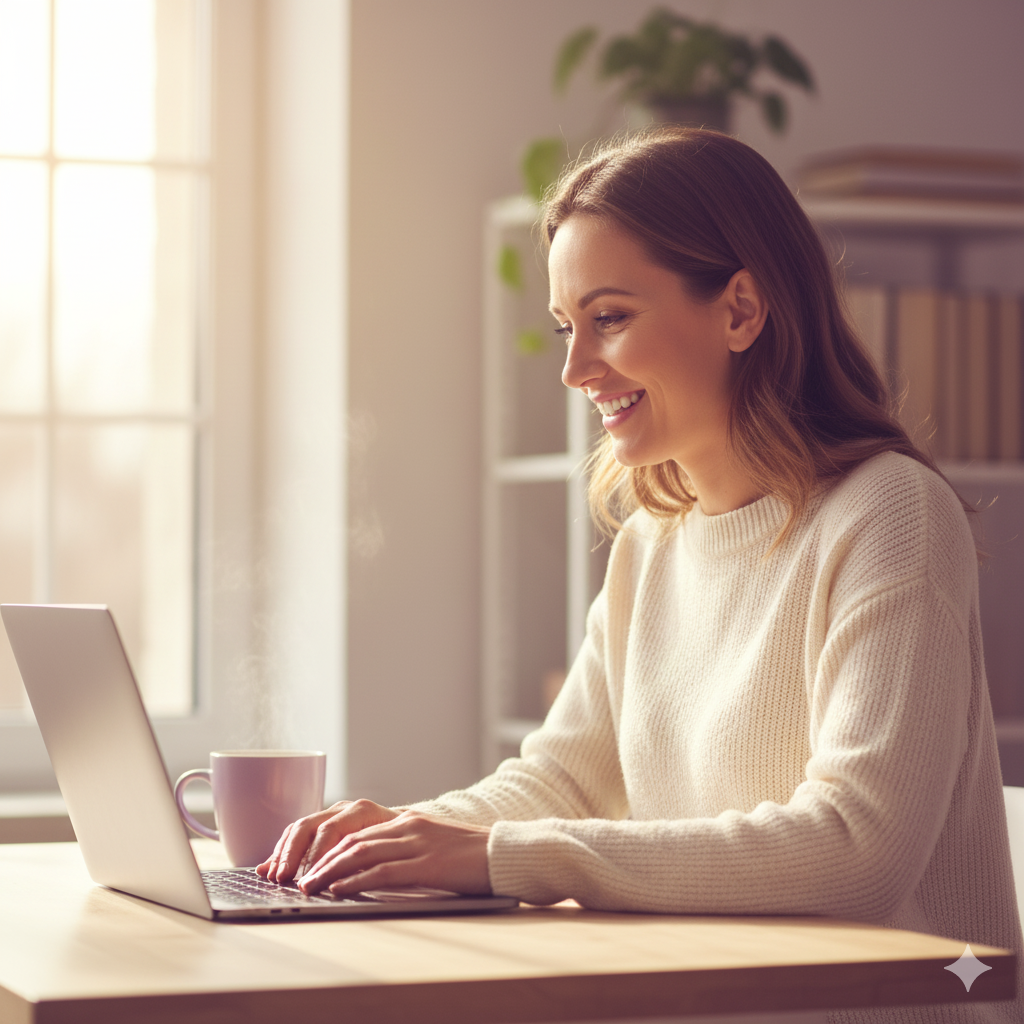 Kobieta ucząca się przy laptopie z kawą